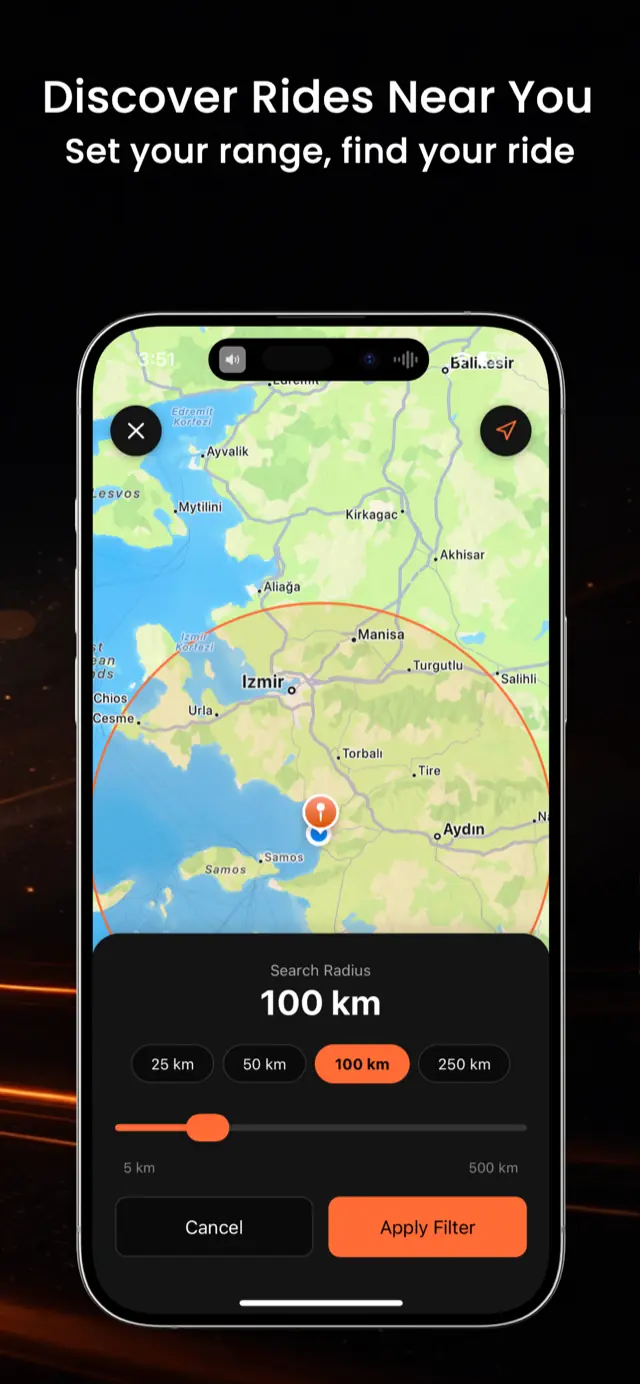Vojo search radius filter on a map